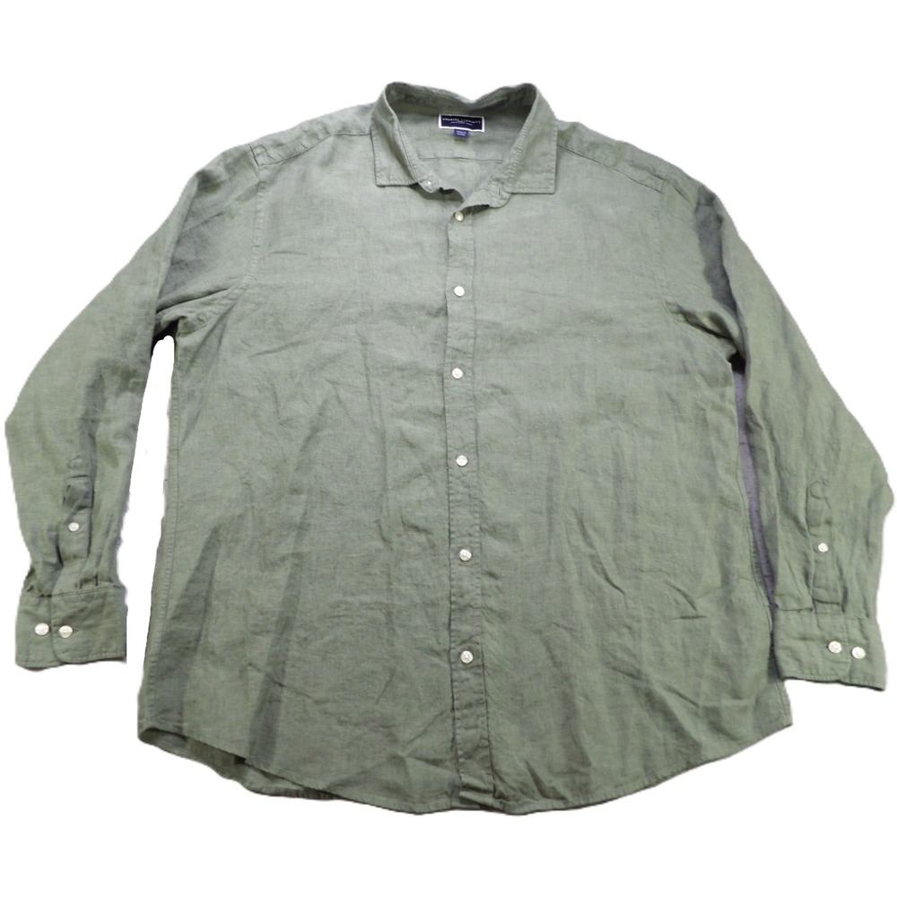 Charles Tyrwhitt Shirt Men XXL Green Classic Fit 100% Linen Long Sleeves Casual